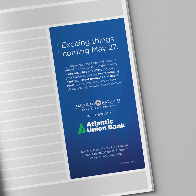 Magazine mockup showing an Atlantic Union Bank print advertisement in layout