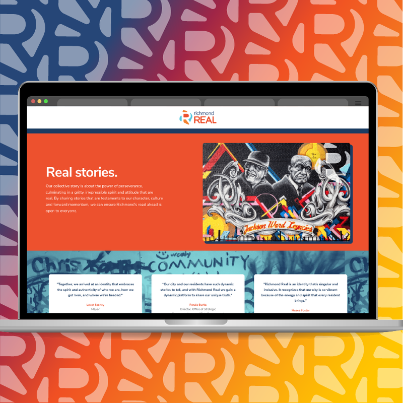 Richmond Real website mockup on colorful branded background