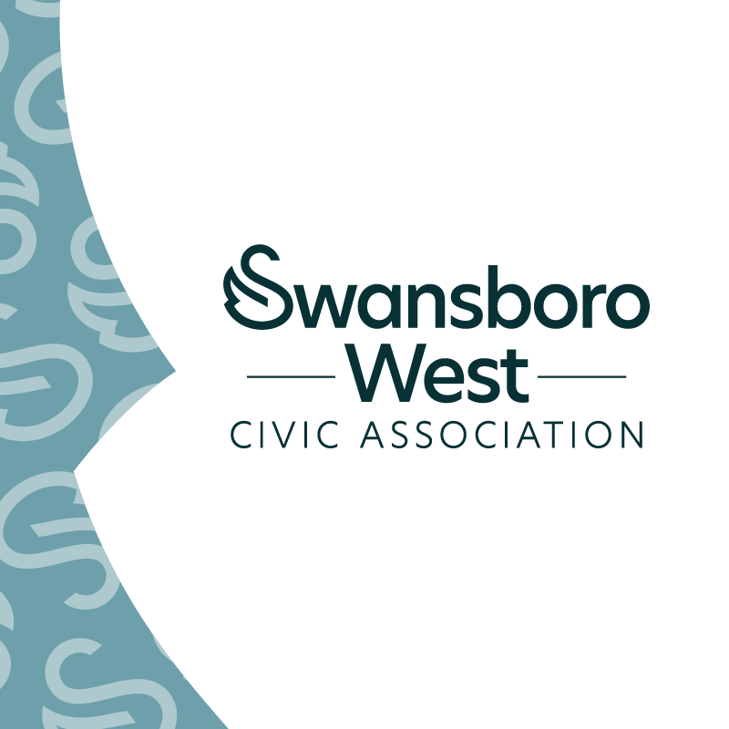 Swansboro West logo with wing motif and logo pattern