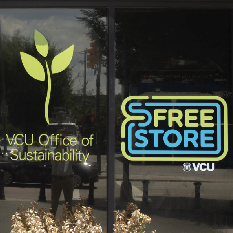 VCU Free Store logo vinyl application on the storefront window
