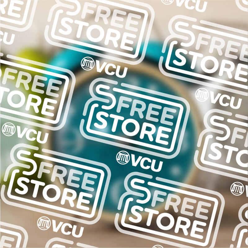 VCU Free Store logo tiled, reversed, and overlaid on a photo of alarm clocks