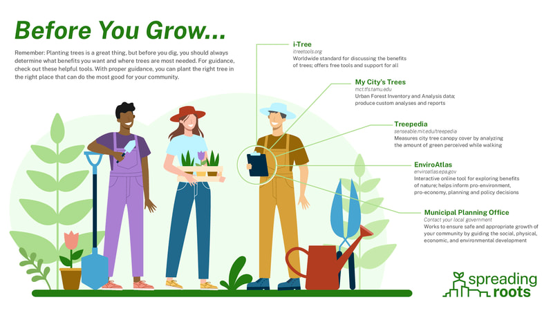 Spreading Roots infographic showing resources for planting trees